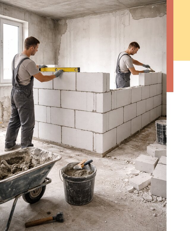 Кладка перегородок из ПГП в Бердске от 2603 руб./м2 — монтаж и возведение под ключ | ОТДЕЛОЧНИК-Брд