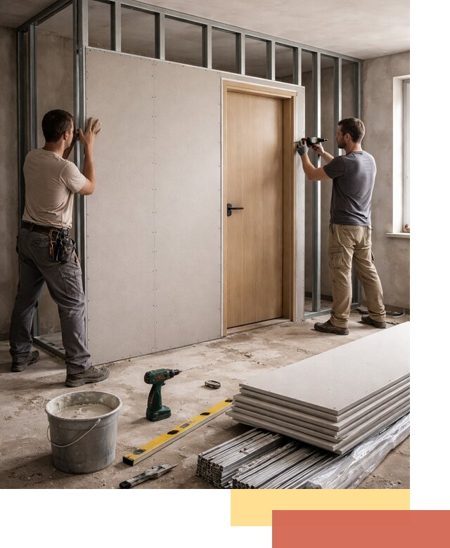 Перегородка из гипсокартона с дверью под ключ в Бердске