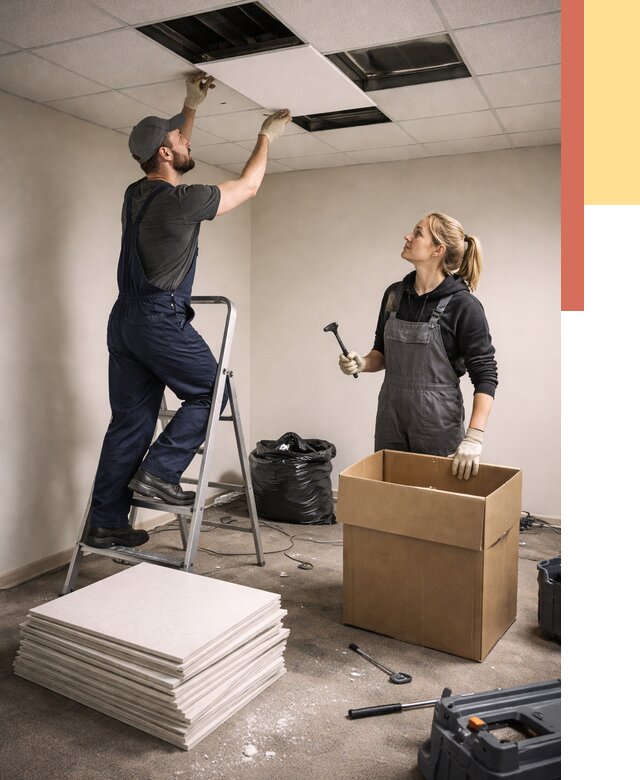 Демонтаж потолочной плитки в Бердске от 4685 руб. быстро и недорого | ОТДЕЛОЧНИК-Брд