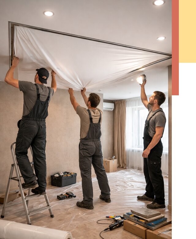 Монтаж ПВХ натяжного потолка в Бердске от 3644 руб. под ключ | ОТДЕЛОЧНИК-Брд