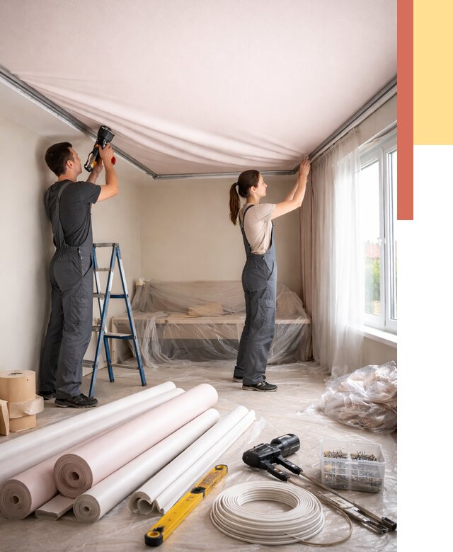 Монтаж цветного натяжного потолка в Бердске от 4373 руб/м² — быстро и недорого | ОТДЕЛОЧНИК-Брд