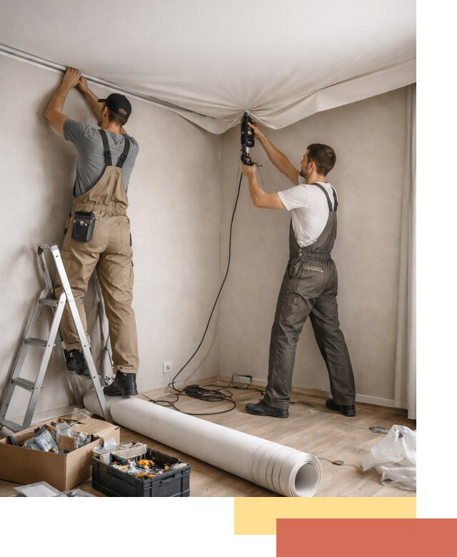 Монтаж цветного натяжного потолка в Бердске за один день