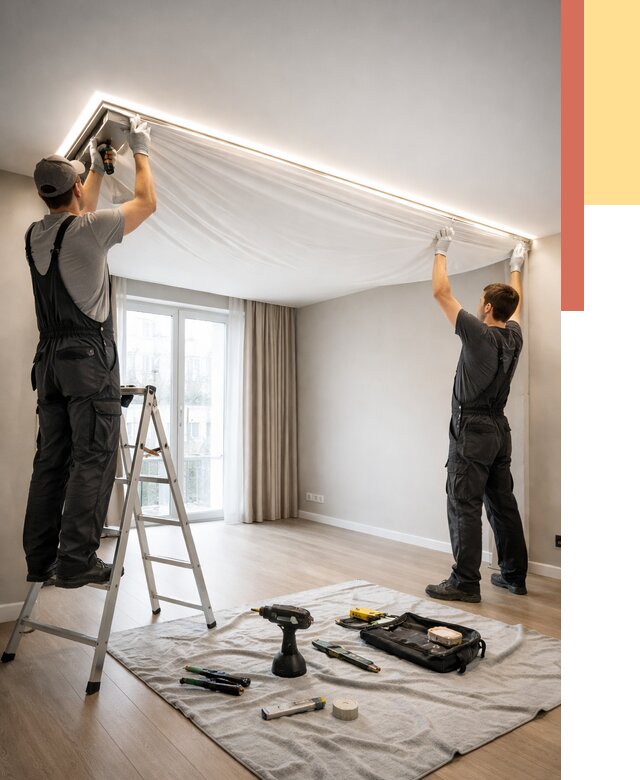 Монтаж парящего натяжного потолка в Бердске от 4685 руб. быстро и недорого | ОТДЕЛОЧНИК-Брд