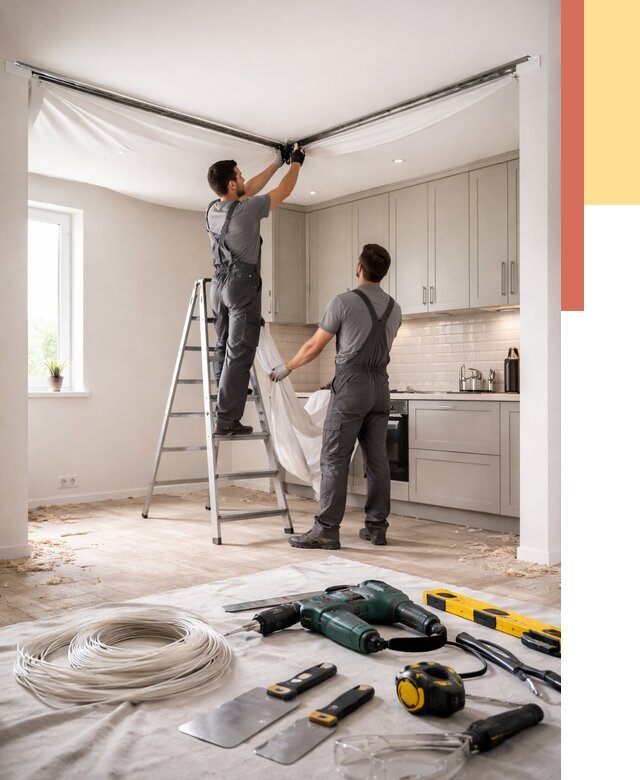 Установка натяжного потолка на кухне в Бердске от 2499 руб. | ОТДЕЛОЧНИК-Брд