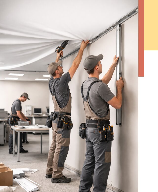 Монтаж натяжного потолка в офисе в Бердске от 469 руб/м² — быстро и недорого | ОТДЕЛОЧНИК-Брд