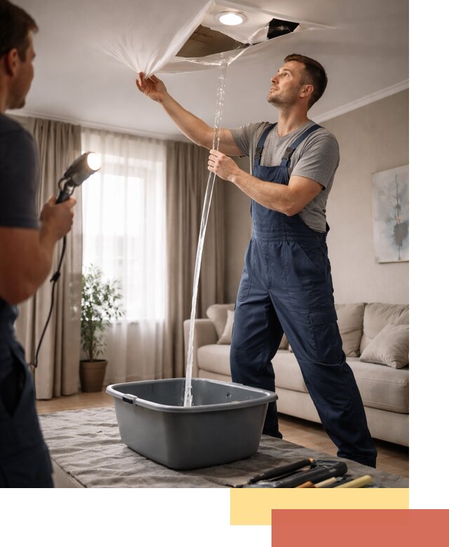 Слив воды с натяжного потолка в Бердске быстро и аккуратно