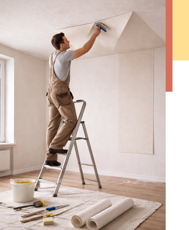 Поклейка обоев на потолок в Бердске от 4685 руб. быстро и недорого | ОТДЕЛОЧНИК-Брд